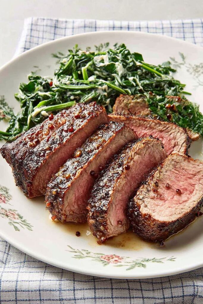 Peppercorn-Crusted Steak with Creamed Spinach Recipe