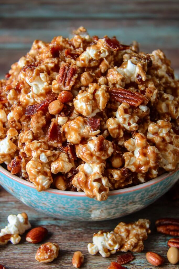 Salted Peanut Butter Caramel Corn with Bacon Recipe