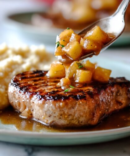 Pork Chops with Apples & Creamy Bacon Cheese Grits Recipe