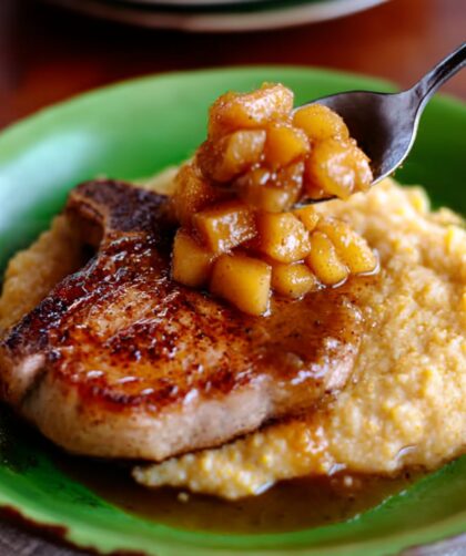 Pork Chops with Apples & Creamy Bacon Cheese Grits Recipe