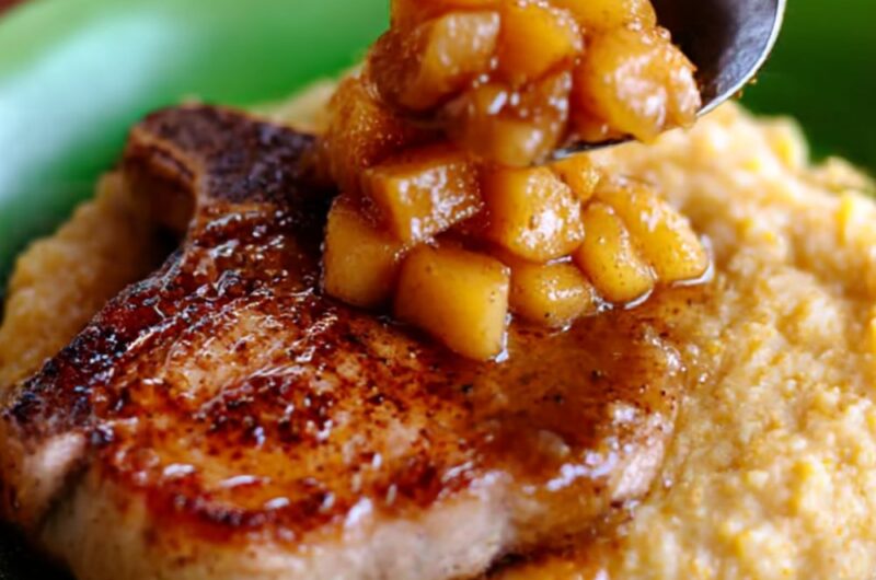 Pork Chops with Apples & Creamy Bacon Cheese Grits Recipe