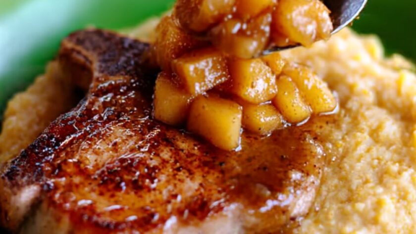 Pork Chops with Apples & Creamy Bacon Cheese Grits Recipe
