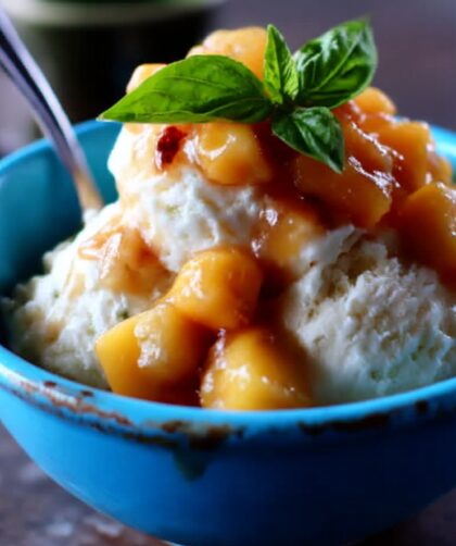 Vanilla Ice Cream with Basil-Peach Topping Recipe