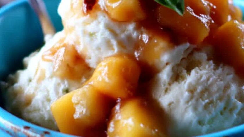Vanilla Ice Cream with Basil-Peach Topping Recipe