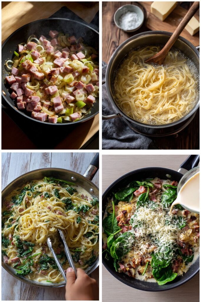 Pasta with Ham, Leeks and Spinach Recipe