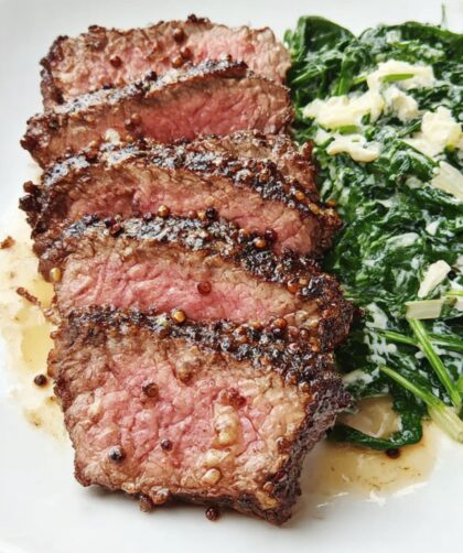 Peppercorn-Crusted Steak with Creamed Spinach Recipe