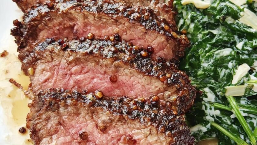 Peppercorn-Crusted Steak with Creamed Spinach Recipe