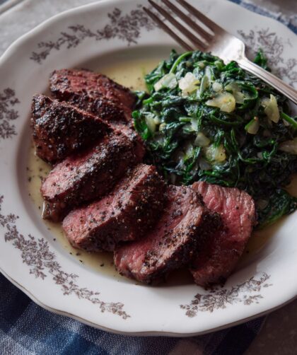 Peppercorn-Crusted Steak with Creamed Spinach Recipe